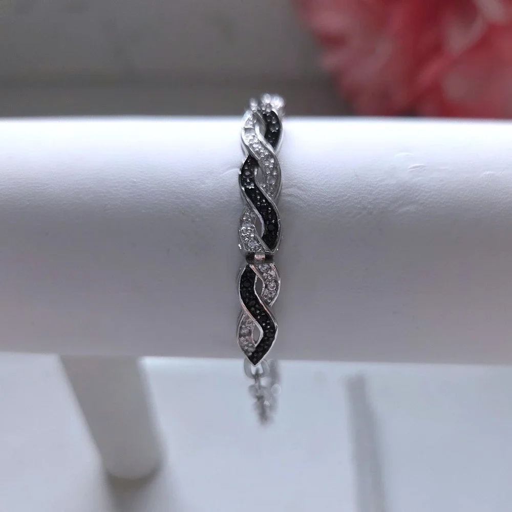 Sterling Silver 925 Black White CZ Infinity Paperclip Link Bracelet Adjustable